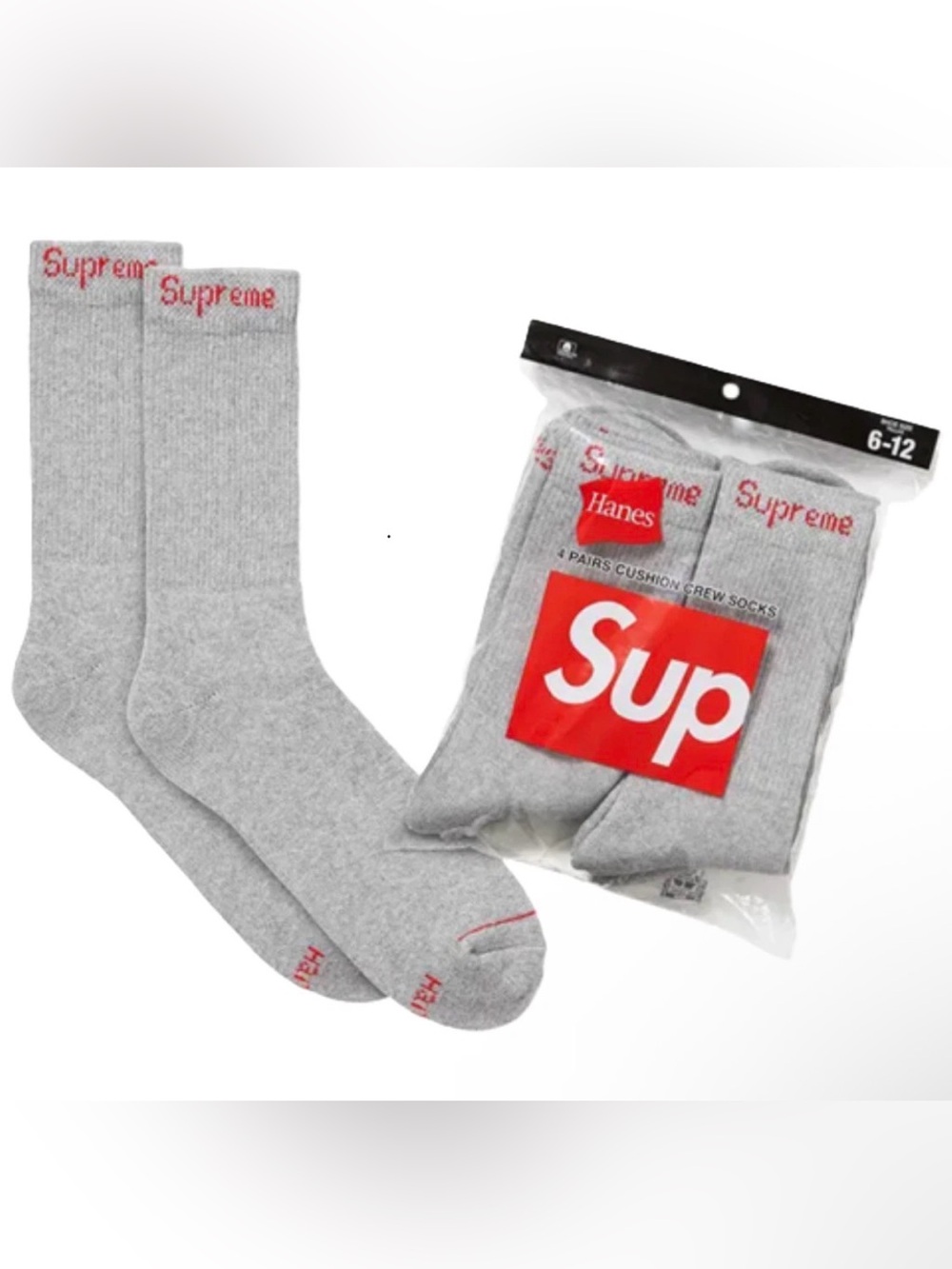Supreme Hanes Gray Crew Socks with Red Logo - 4 Pack